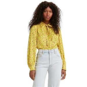 Levi’s Yellow Pink Floral Marianna Button Down Long Sleeve Blouse Bow Collared